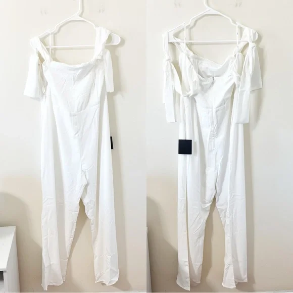 LULUS Luxe Behavior White Off-the-Shoulder Tie-Strap Cropped Jumpsuit Sz XL NWT - Picture 3 of 12